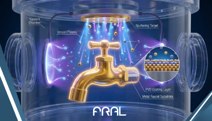 نمایش شماتیک لایه نشانی بخار فیزیکی PVD روی بدنه شیرآلات فلزی